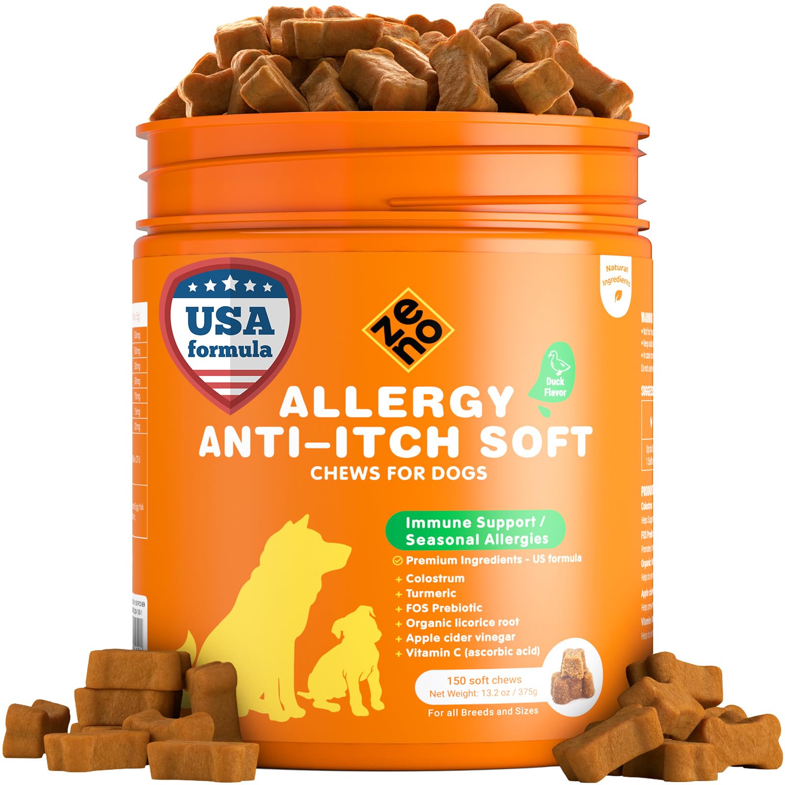 ZENO Dog Allergy Chews en botella, sabor pato, apoyo al bienestar general.