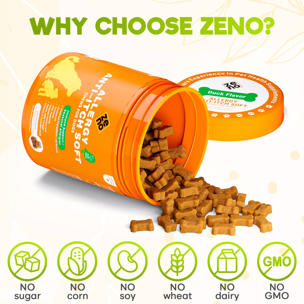 Perro disfrutando ZENO Dog Allergy Chews tras la comida diaria.