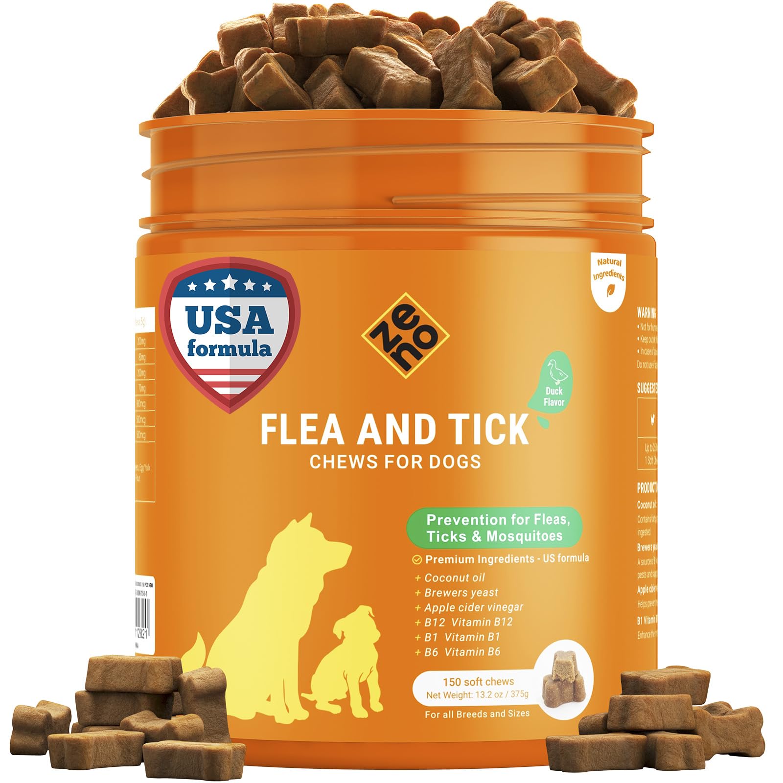 Frasco de ZENO con masticables para perros, opción confiable frente a pulgas y garrapatas.