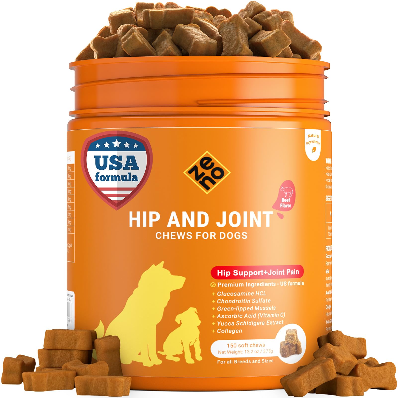 ZENO Glucosamina HCL para articulaciones del perro en envase práctico.
