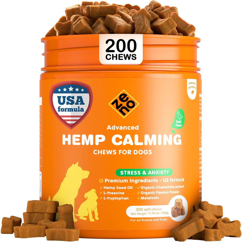 Gominolas de cáñamo ZENO para perros en envase, sensación calmante