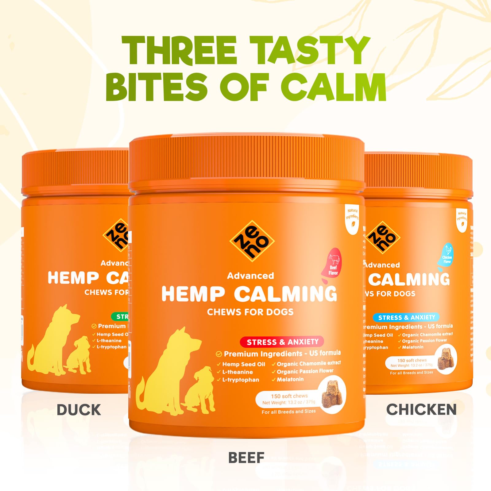 Frente del empaque de ZENO Hemp Calming Chews.