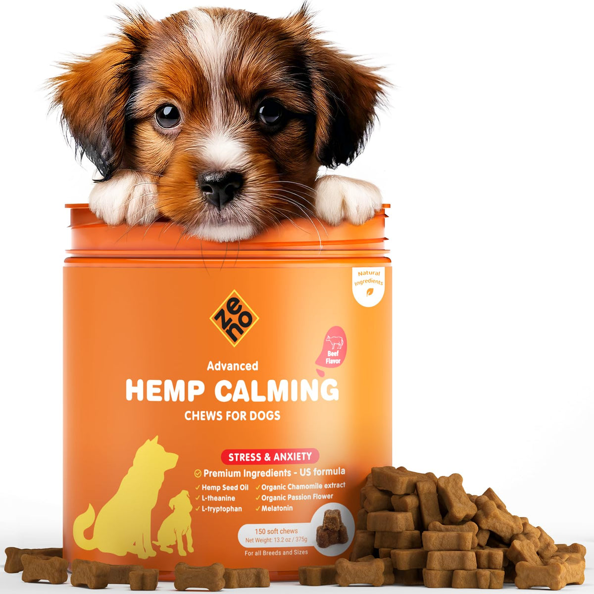 ZENO Hemp relajantes para perros, botella con premios para calma diaria.