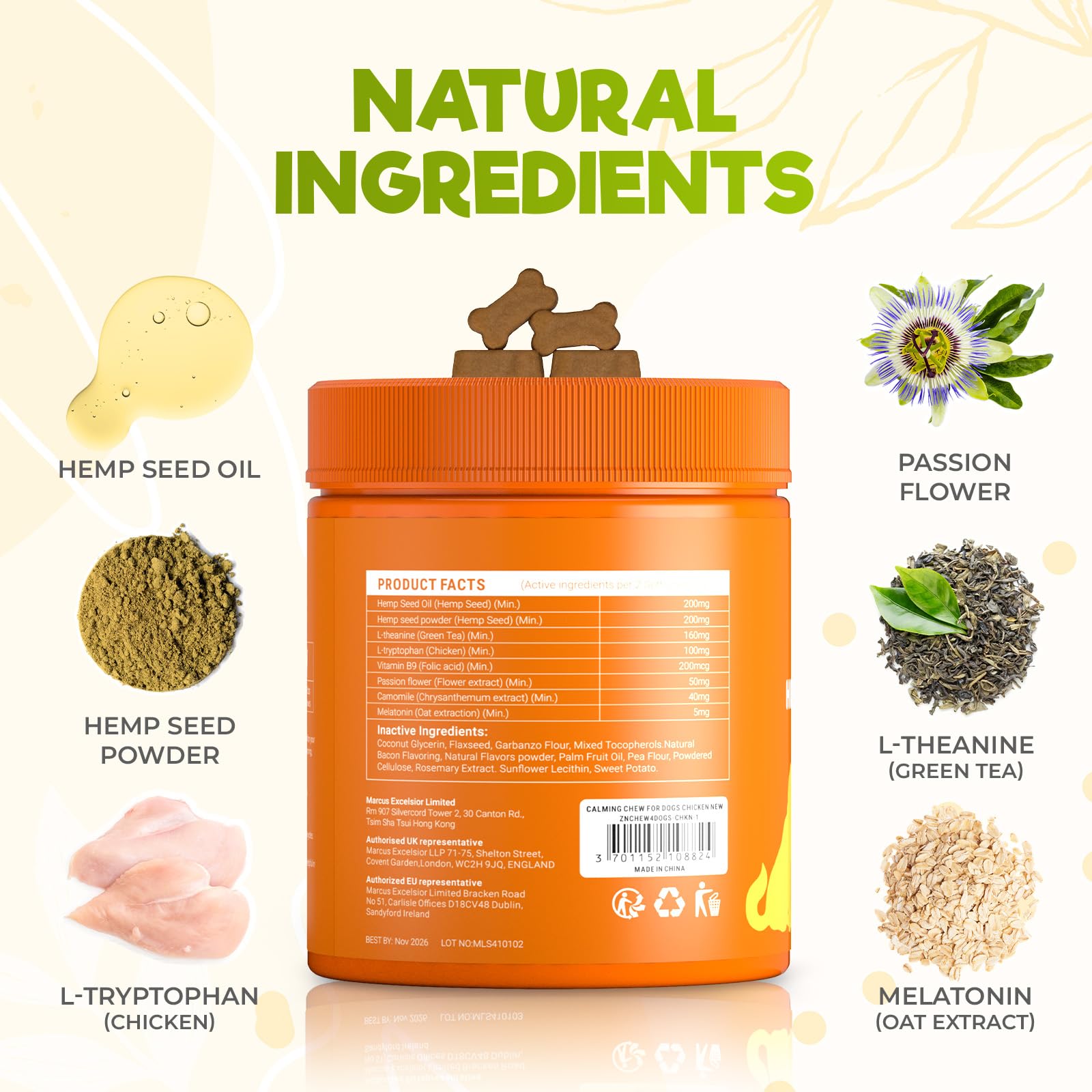 ZENO ingredientes naturales: cáñamo, pasiflora y manzanilla para una calma suave.