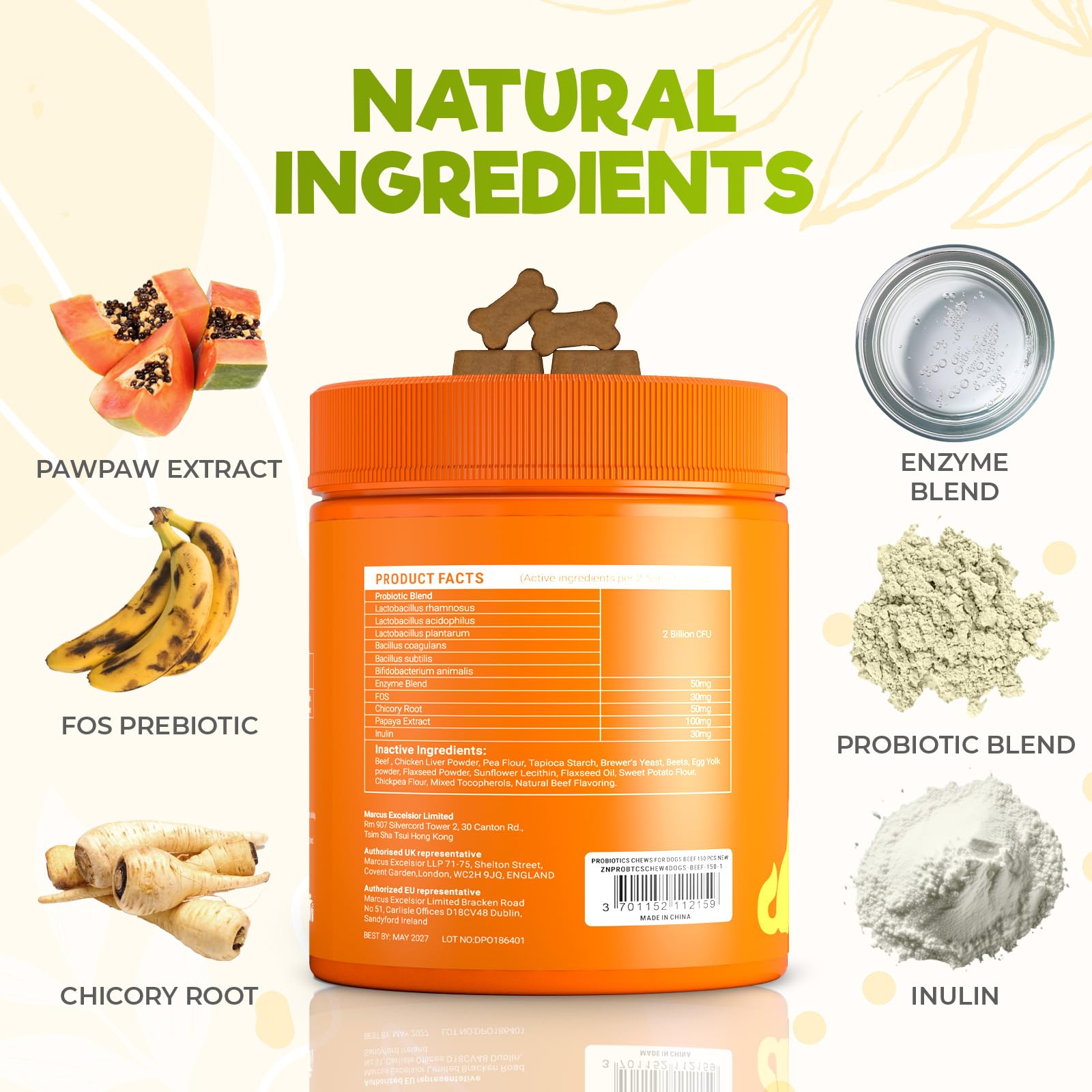ZENO Probióticos para perros, etiqueta con ingredientes naturales, promueve una digestión equilibrada