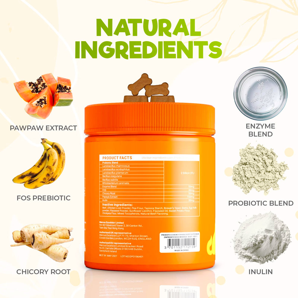 ZENO Probióticos para perros, etiqueta con ingredientes naturales, promueve una digestión equilibrada