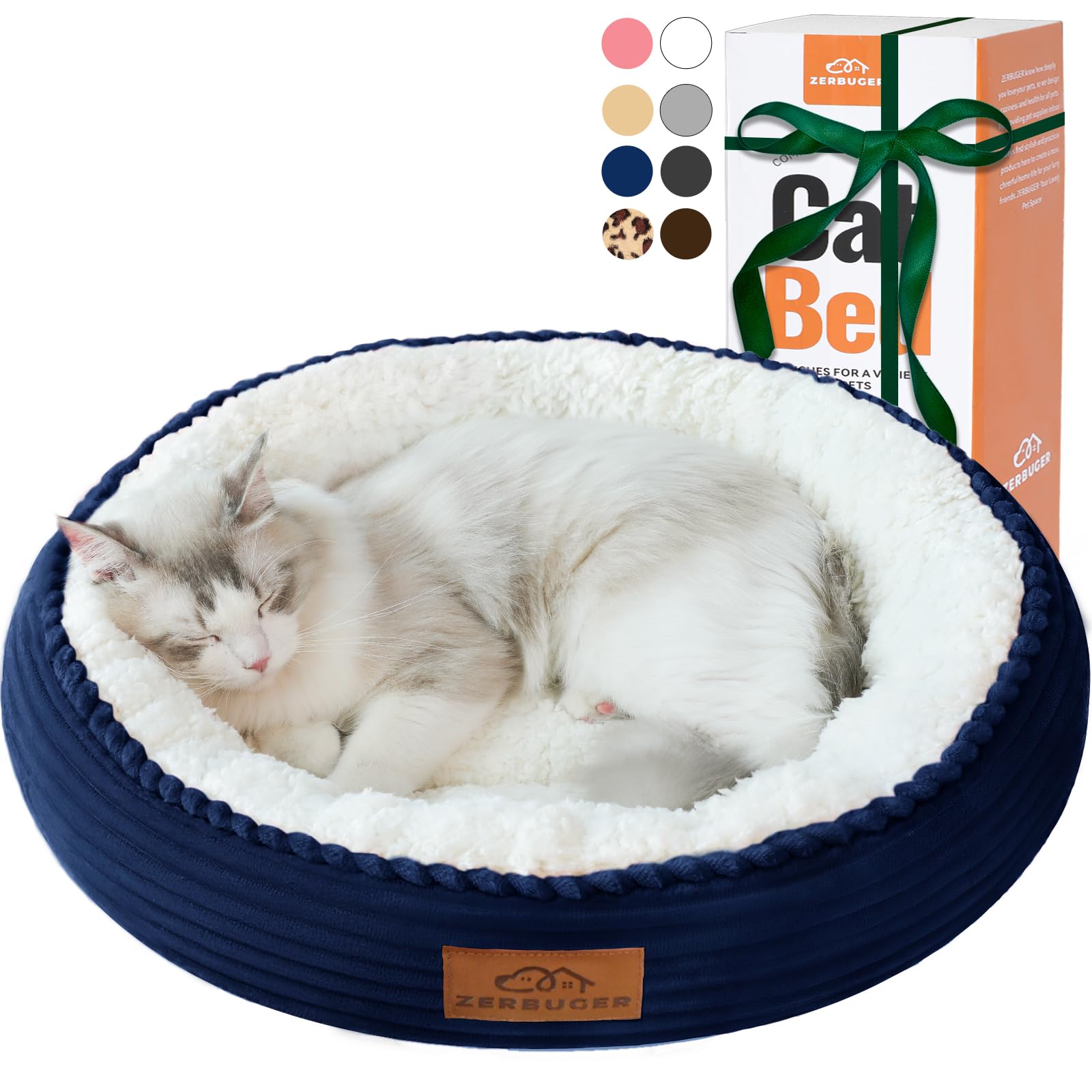 Cama Zerbuger para gatos, forma redonda azul marino, confort suave para siestas.