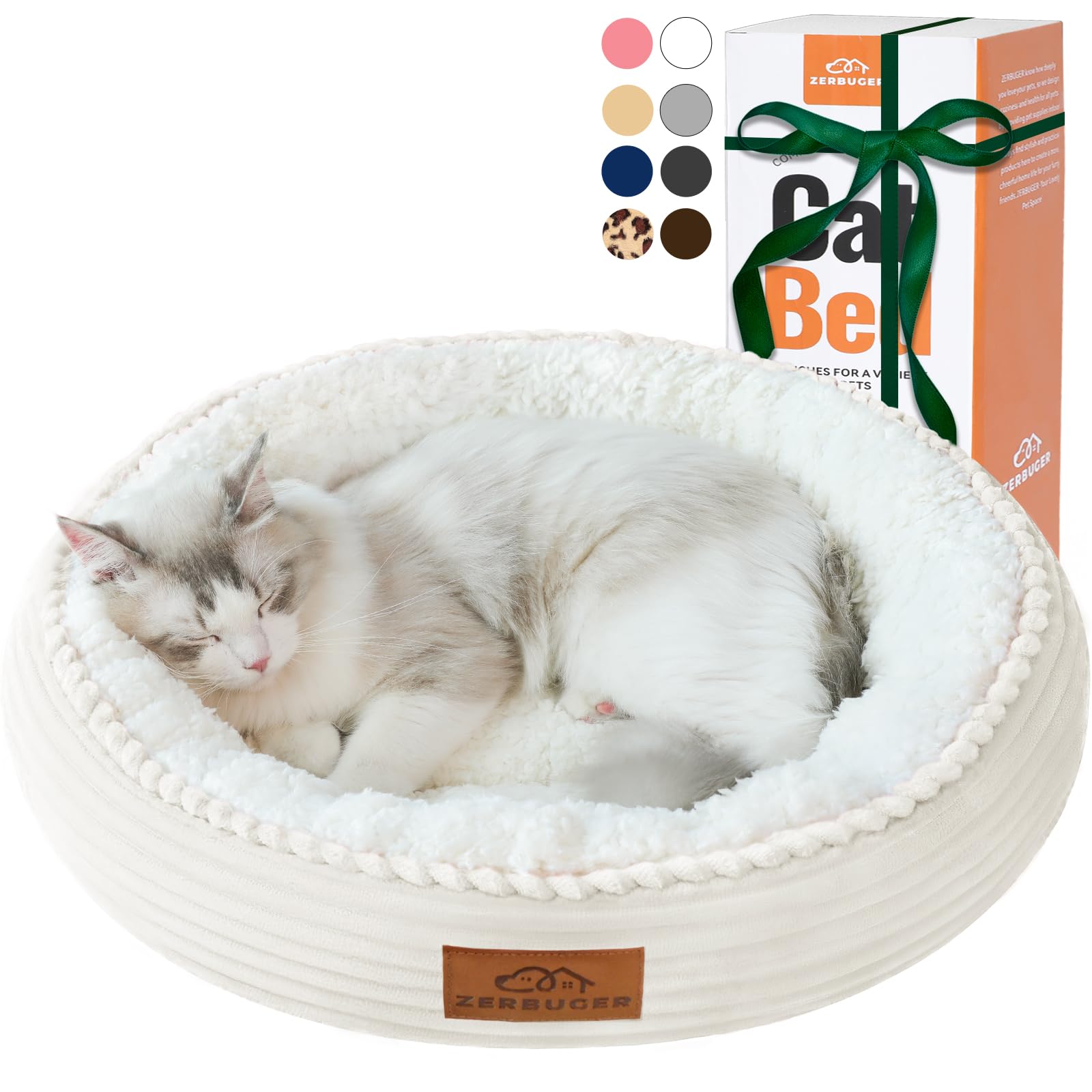 Cama redonda crema de Zerbuger para mascotas, refugio suave para descansar.