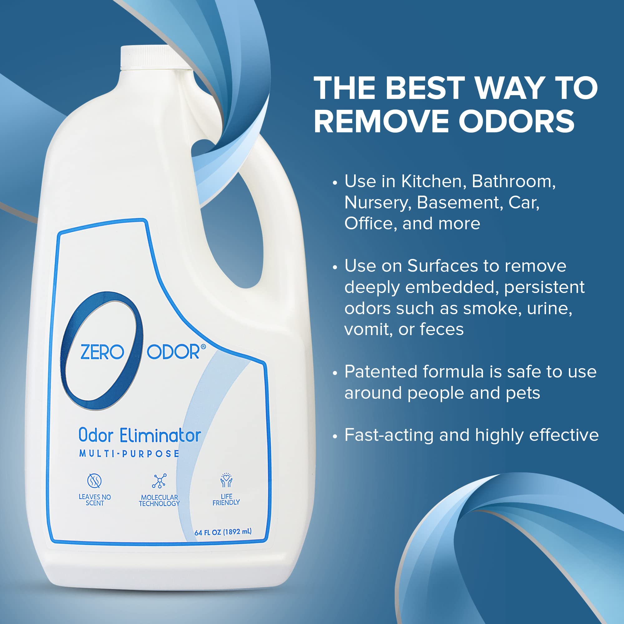 Zero Odor seguro, sin lejía ni cloro, apto para superficies y aire.