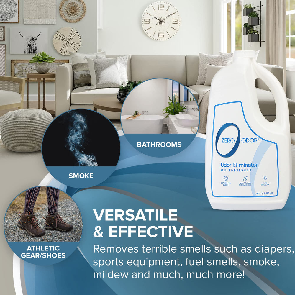 Zero Odor rociado en cualquier habitación ayuda a prevenir acumulación de olores.