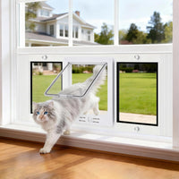 Puerta Zerzuo para gato con marco de aluminio instalada en ventana, acceso seguro para exterior.