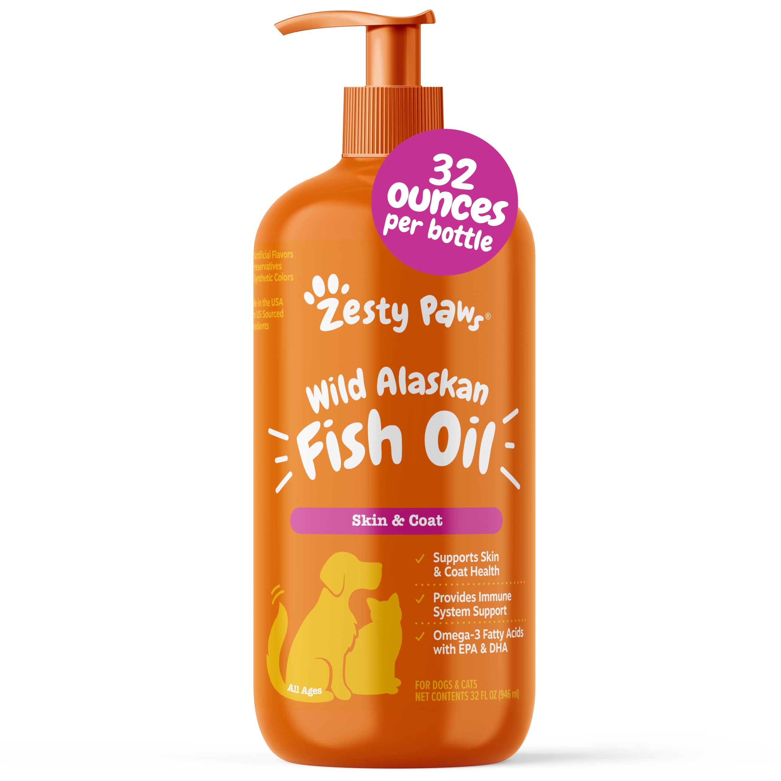 Zesty Paws Aceite de Pescado de Alaska en botella para perros y gatos, apoyo al cuidado de la piel y pelaje.