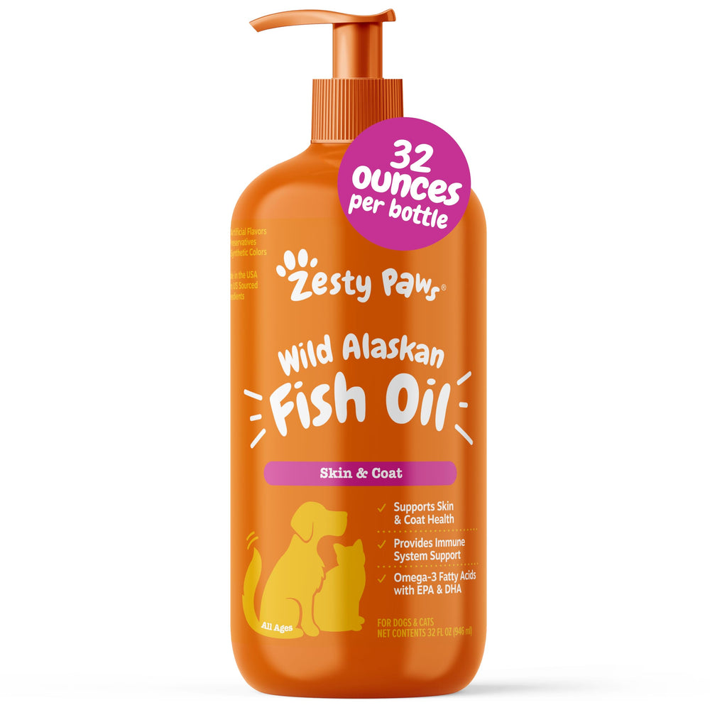 Zesty Paws Aceite de Pescado de Alaska en botella para perros y gatos, apoyo al cuidado de la piel y pelaje.
