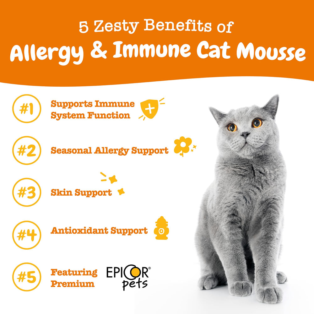 Zesty Paws Mousse alergia e inmunidad, etiqueta cercana y detalles del producto.