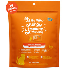 Zesty Paws Mousse alergia e inmunidad, frente a la botella, posible apoyo inmunológico.