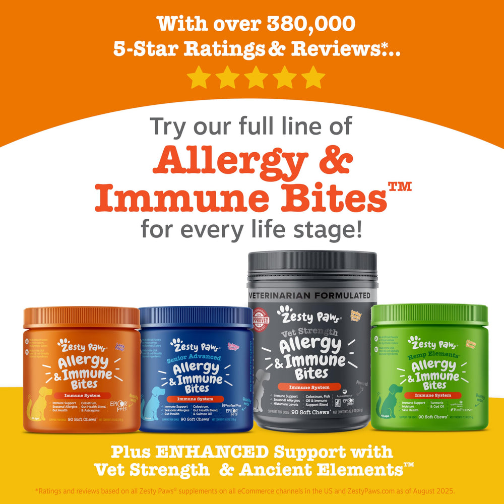 Zesty Paws Alergia perro omega-3, cuidado de piel y apoyo inmunológico.