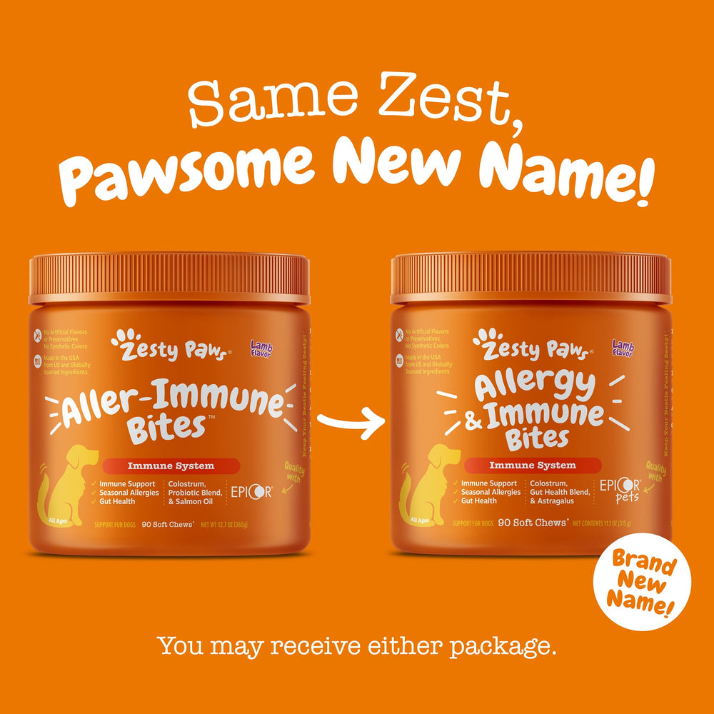 Zesty Paws Alergia perro uso diario, complemento alimenticio conveniente para dueños ocupados.