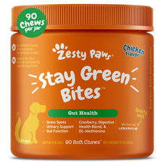 Zesty Paws Bocaditos Verdes para perros, snack sabroso y posible apoyo digestivo.