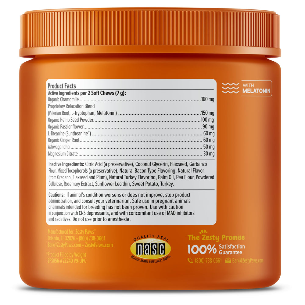 Zesty Paws Calming Chews, caja-producto, muestra la marca y beneficios de relajación.