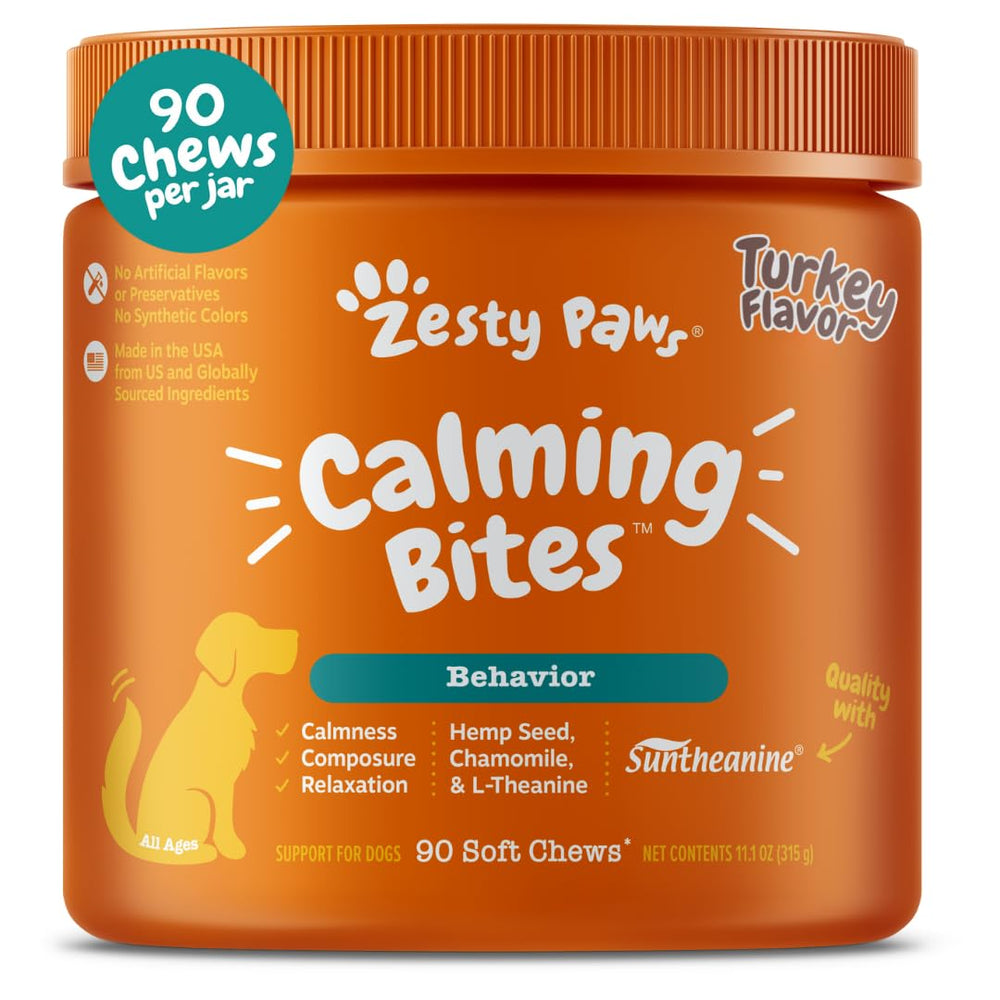 Zesty Paws frasco de golosinas calmantes para perros, ideal para relajación diaria.