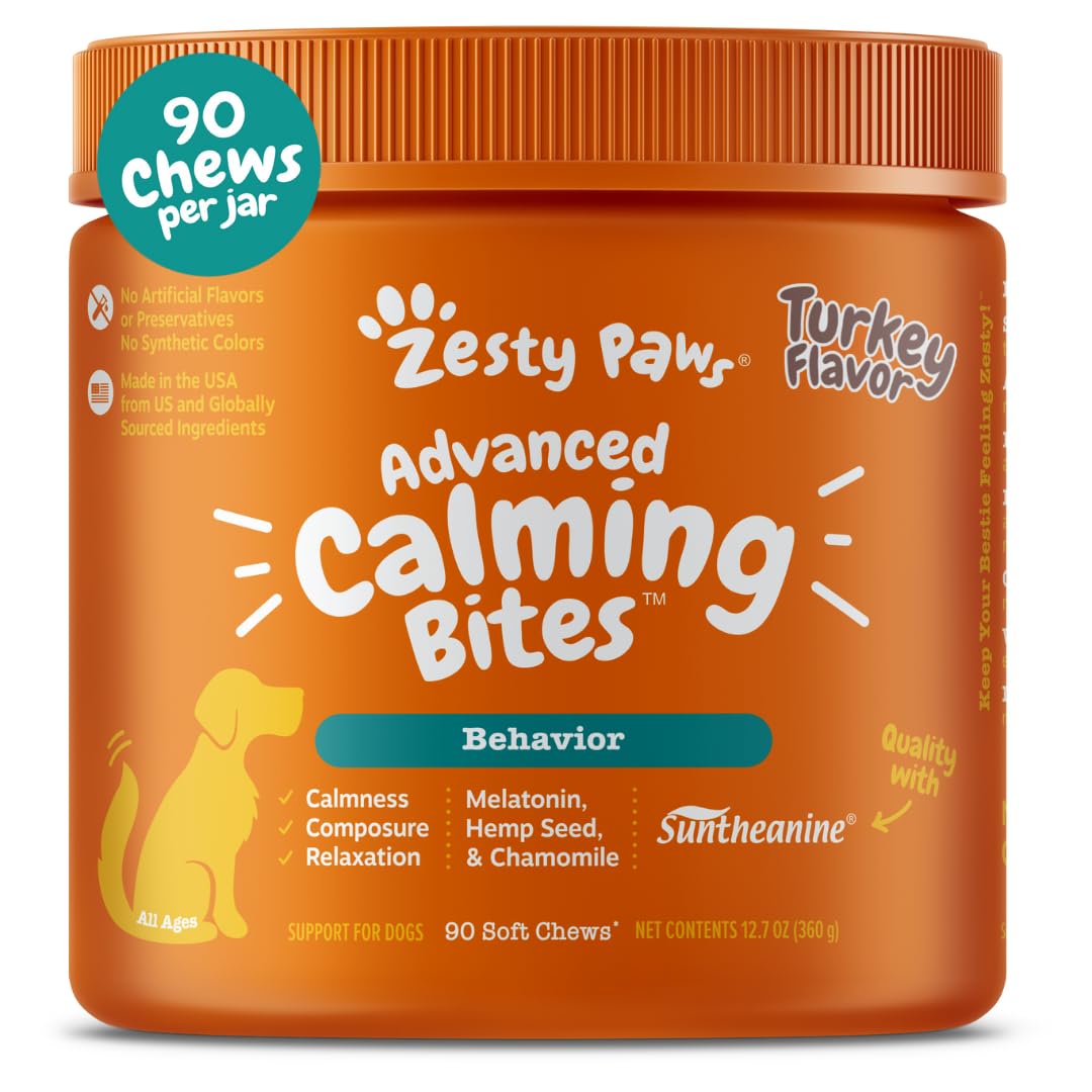 Zesty Paws Calming Chews, perro-frente, promueven relajación diaria para perros.