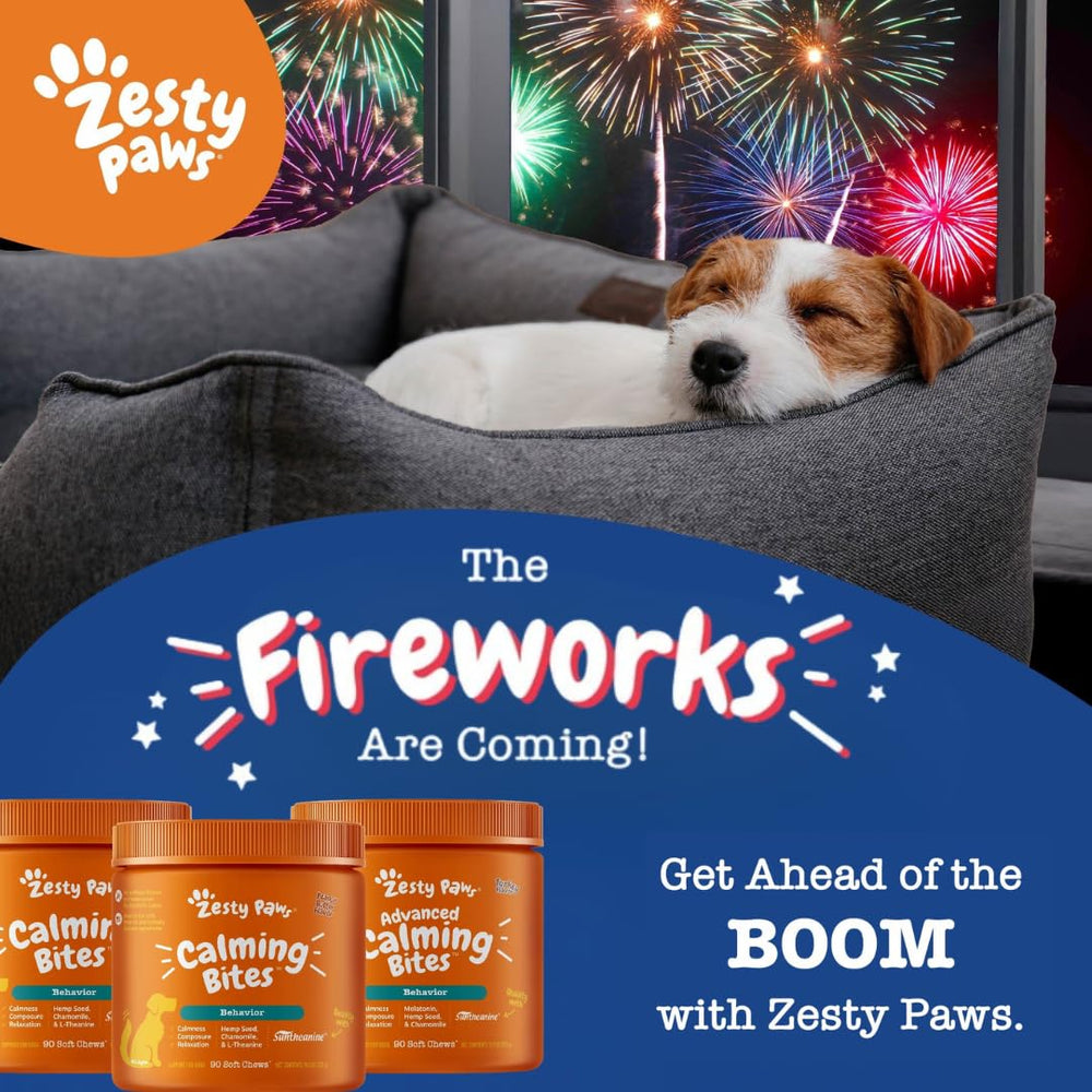 Zesty Paws Calming Chews, sabor mantequilla de cacahuete, promueve relajación durante paseos.