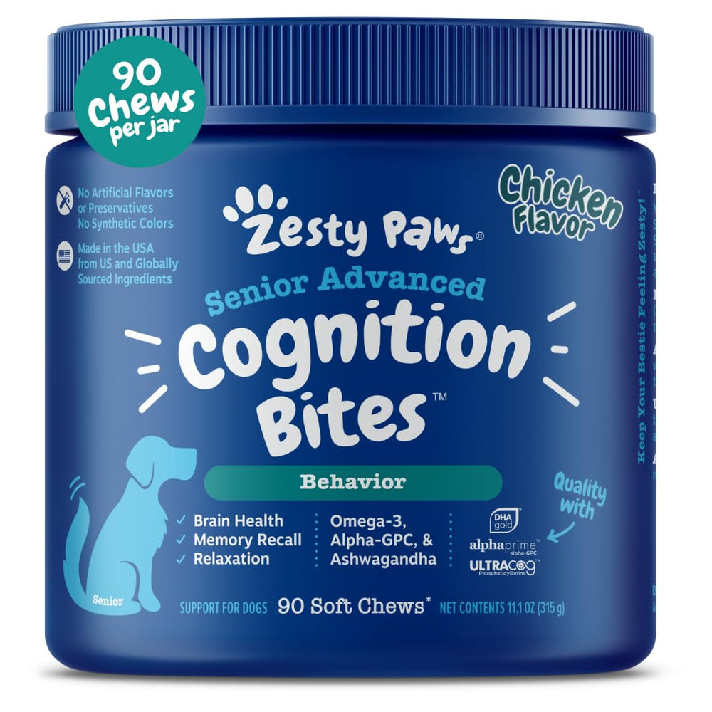 Zesty Paws Cognición Avanzada masticables para perros, posible impulso cognitivo.