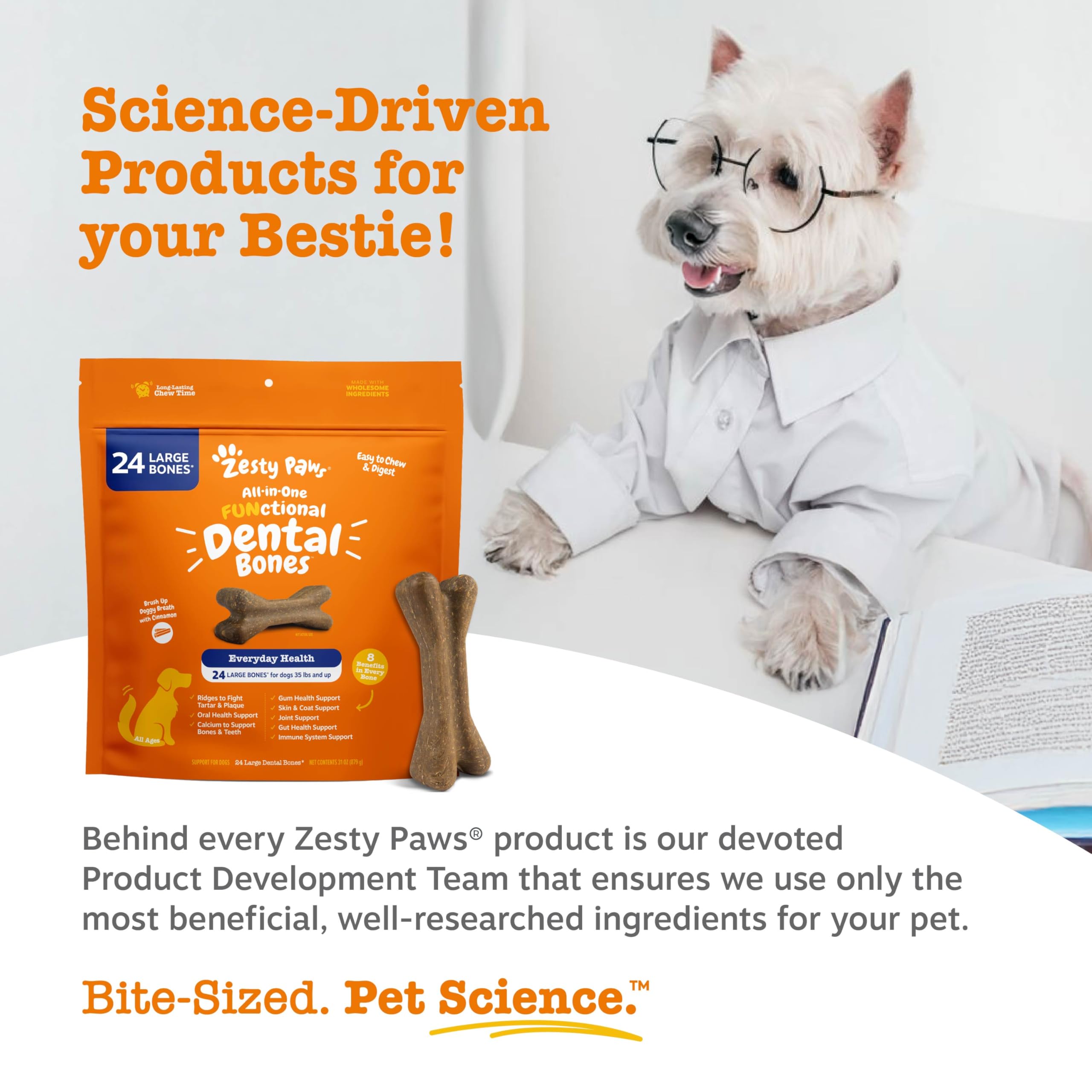Zesty Paws Huesos Dentales con EpiCor y prebióticos para digestión.