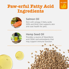 Zesty Paws etiqueta de aceite salmón omega hemp, información clara de beneficios