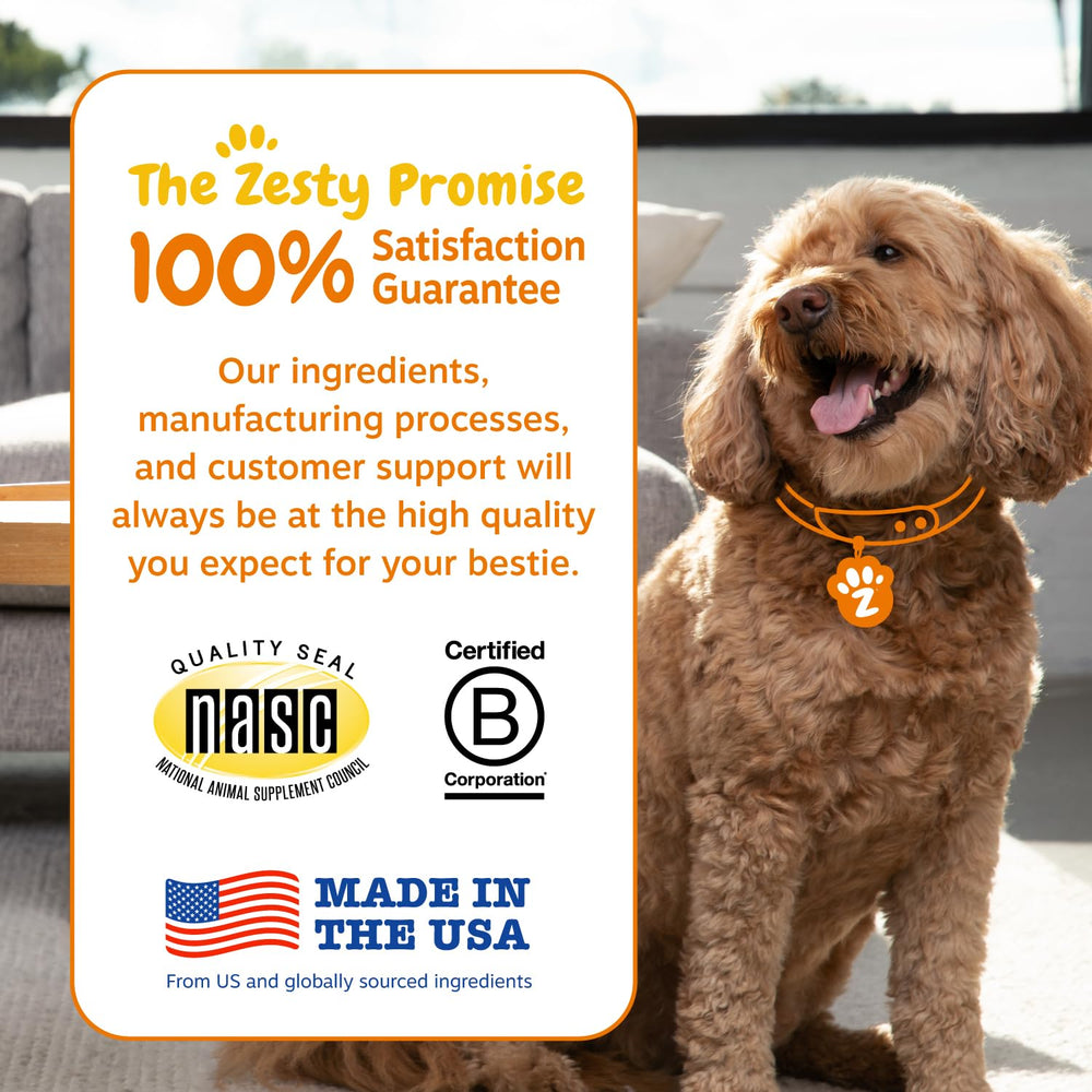 Zesty Paws flora intestinal fortalecida, beneficios para el equilibrio microbiano.