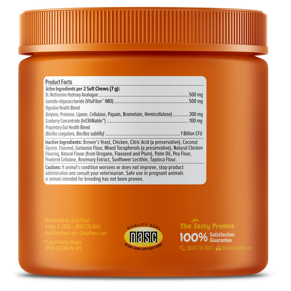 Zesty Paws ingredientes prebióticos para la salud intestinal del perro.