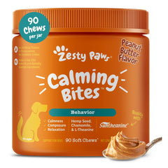 Envase frontal de Zesty Paws masticables calmantes para apoyo al estrés diario.