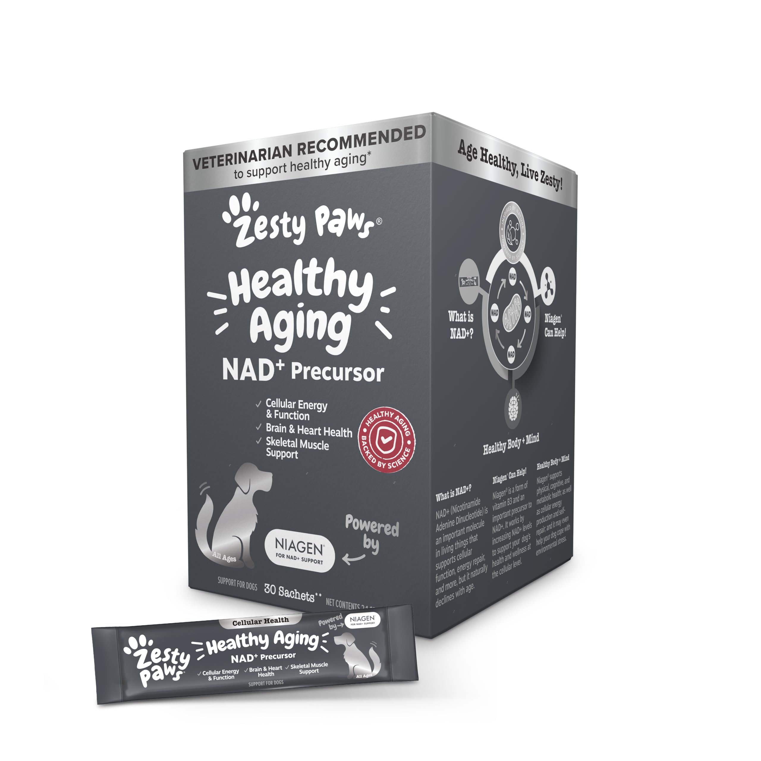 Zesty Paws NAD+ en sobres, dosis para energía celular en perros.