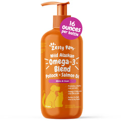 Zesty Paws Omega-3, botella derrame, apoyo potencial para piel y pelaje saludables.