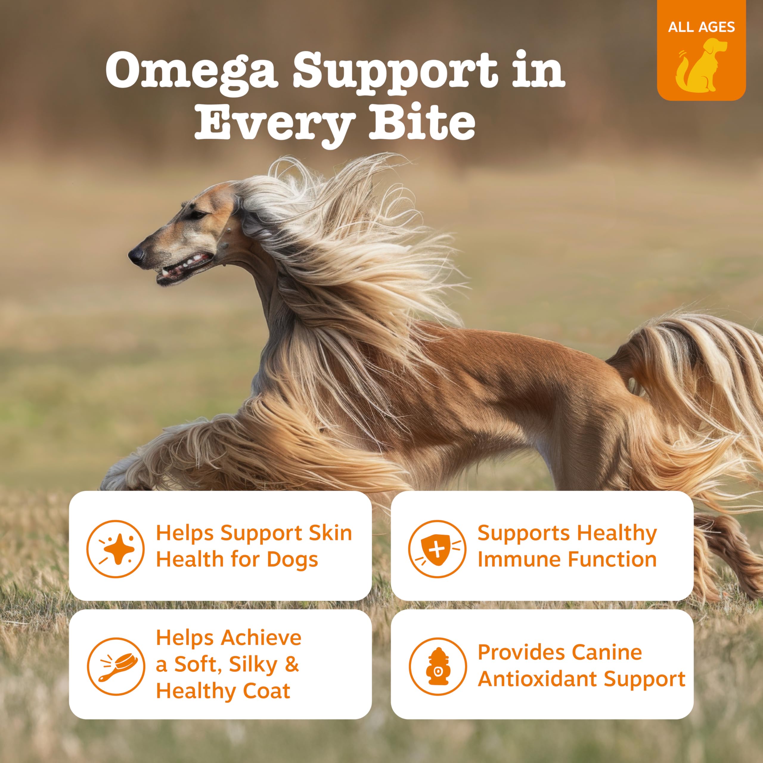 Etiqueta frontal de Zesty Paws Omega-3 destacando piel sana.