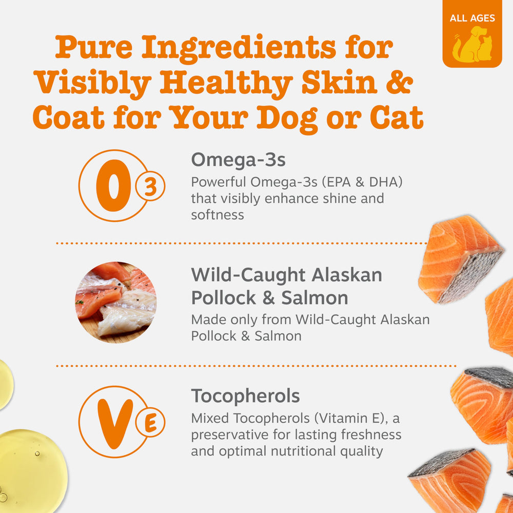 Zesty Paws Omega-3, gotas para comida, uso práctico y cómodo.