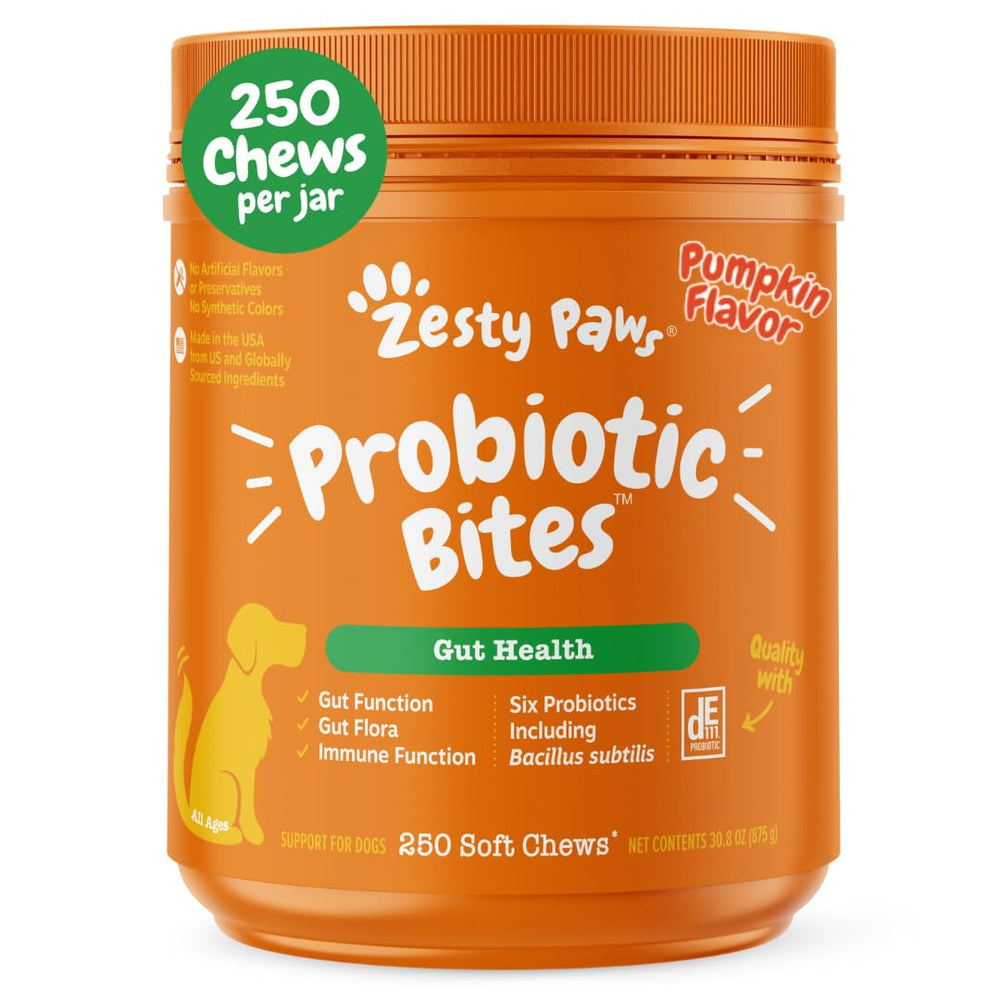 Zesty Paws probióticos para perros en envase, fácil almacenamiento diario.