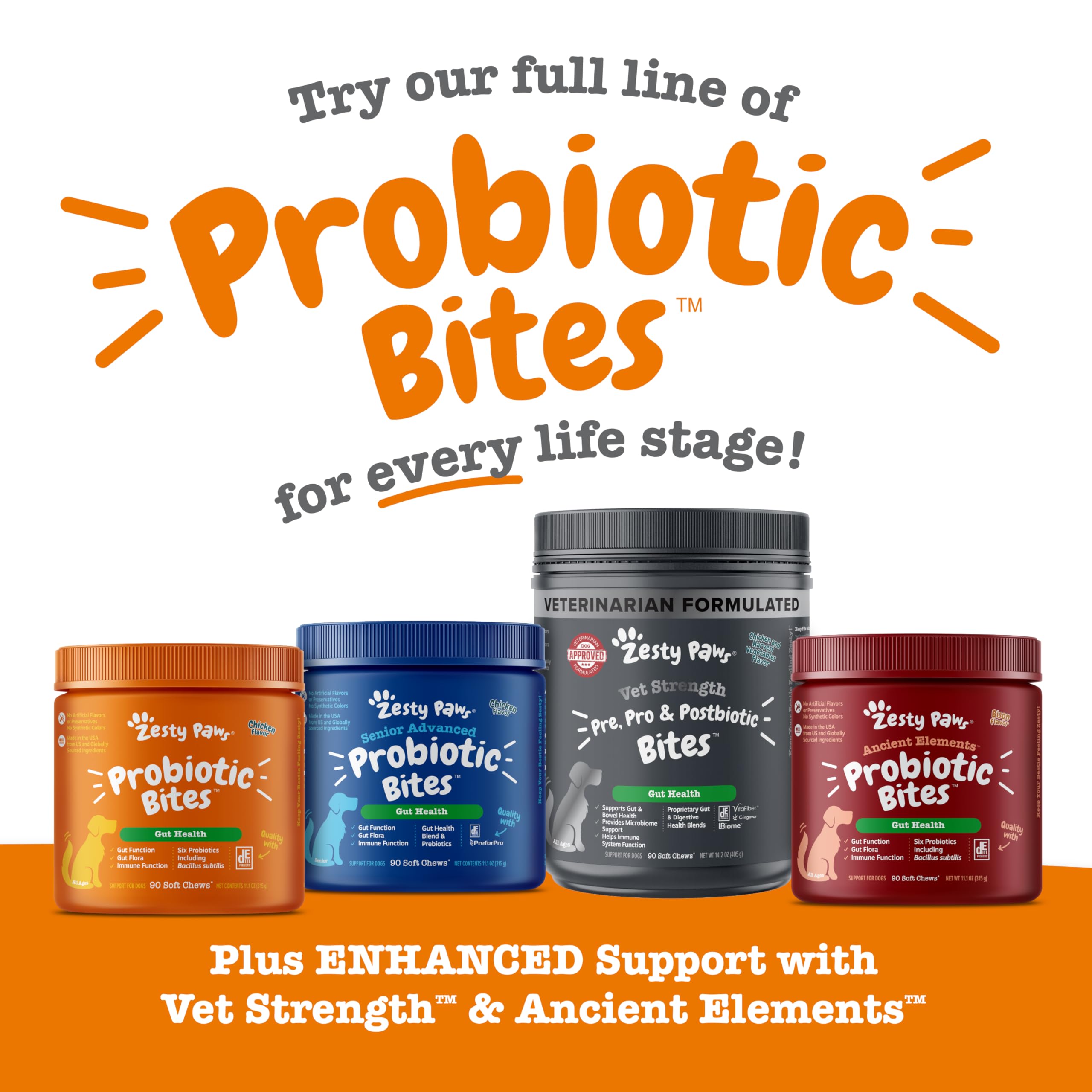 Zesty Paws Probiotics para perros con sabor agradable para uso diario.