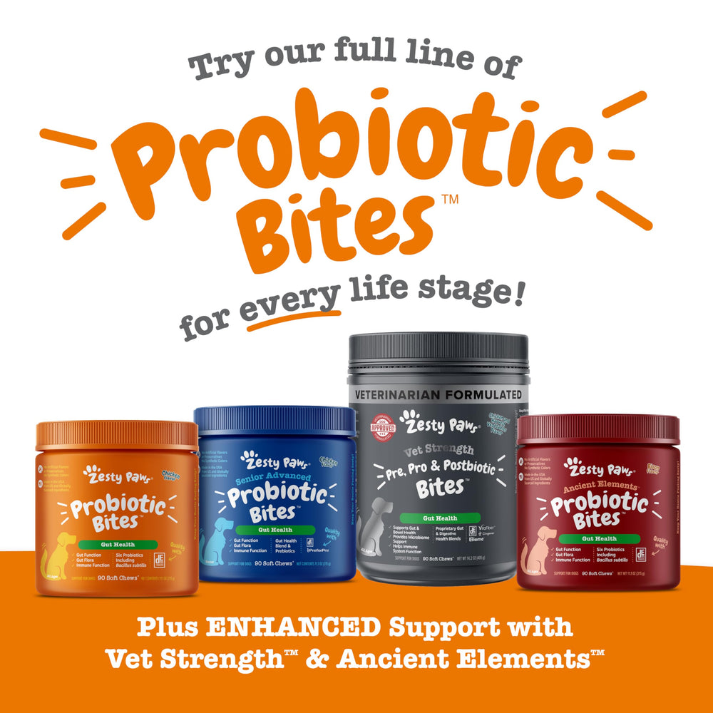 Zesty Paws Probiotics para perros con sabor agradable para uso diario.