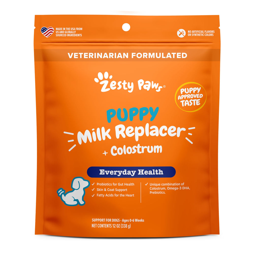 Zesty Paws Reemplazo de Leche para Cachorros con Colostro, fomenta piel y digestión saludables.