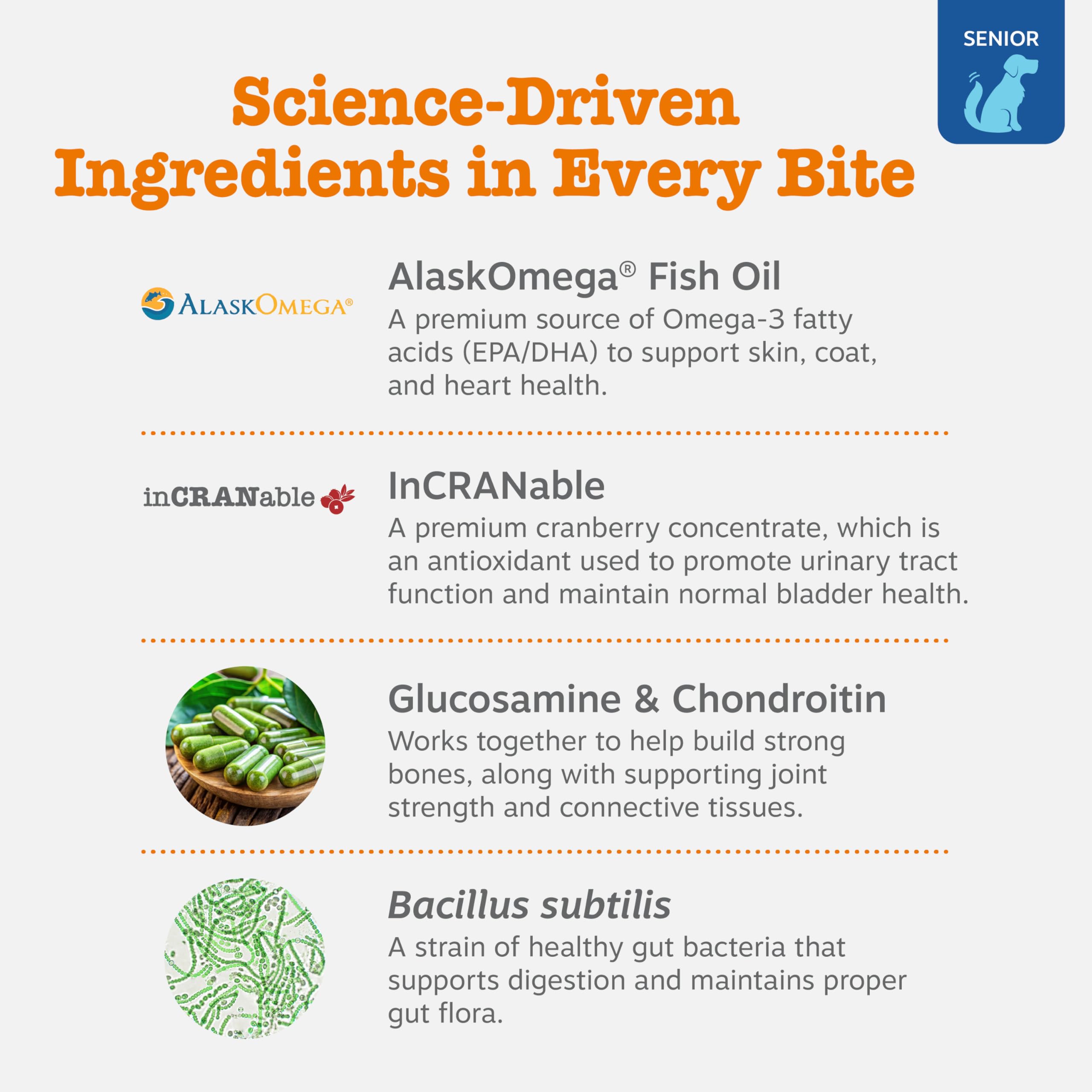 Ingredientes clave: glucosamina y cúrcuma en las masticables Zesty Paws Senior.