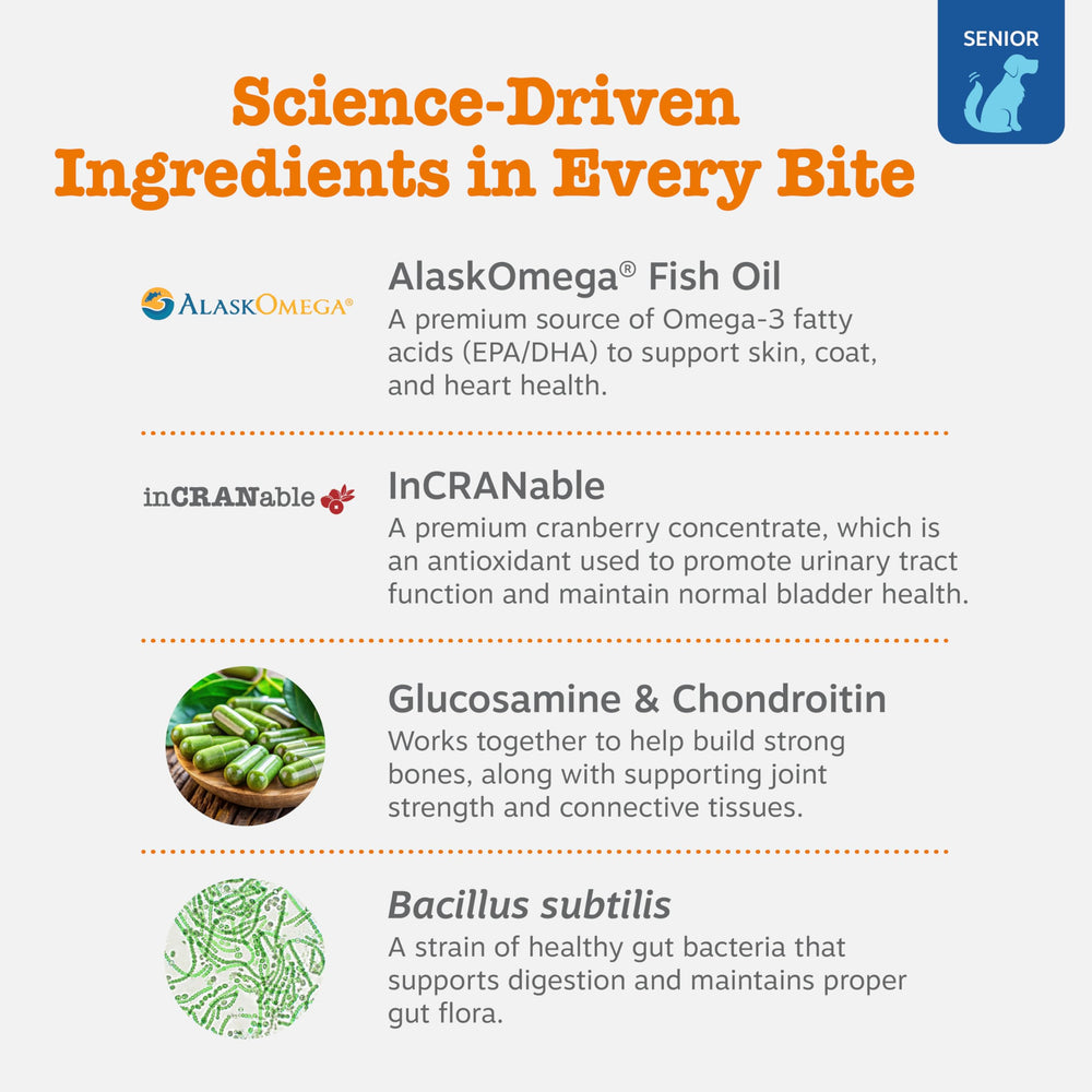 Ingredientes clave: glucosamina y cúrcuma en las masticables Zesty Paws Senior.