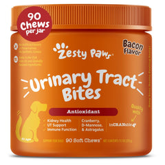 Zesty Paws suplemento de cranberry para perros en botella, apoyo urinario diario.