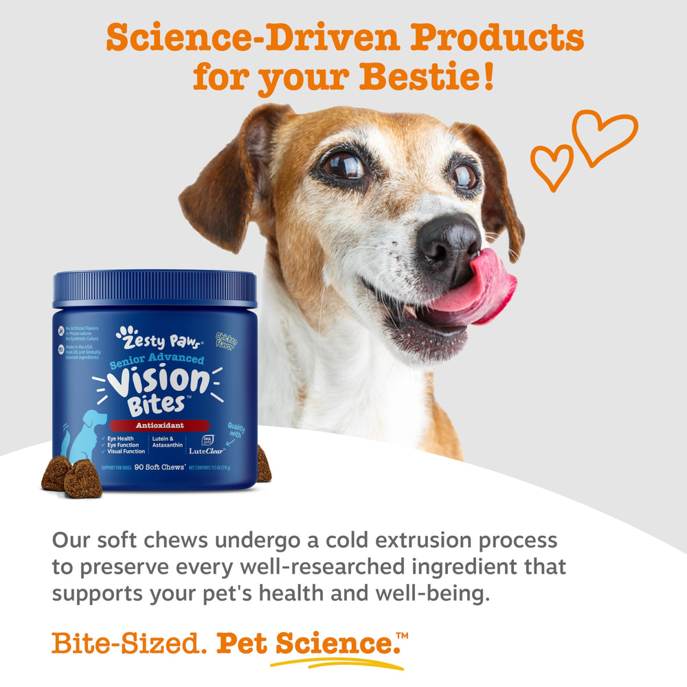Vitamina C, E y bilberry en Zesty Paws para ojos, piel e inmunidad.