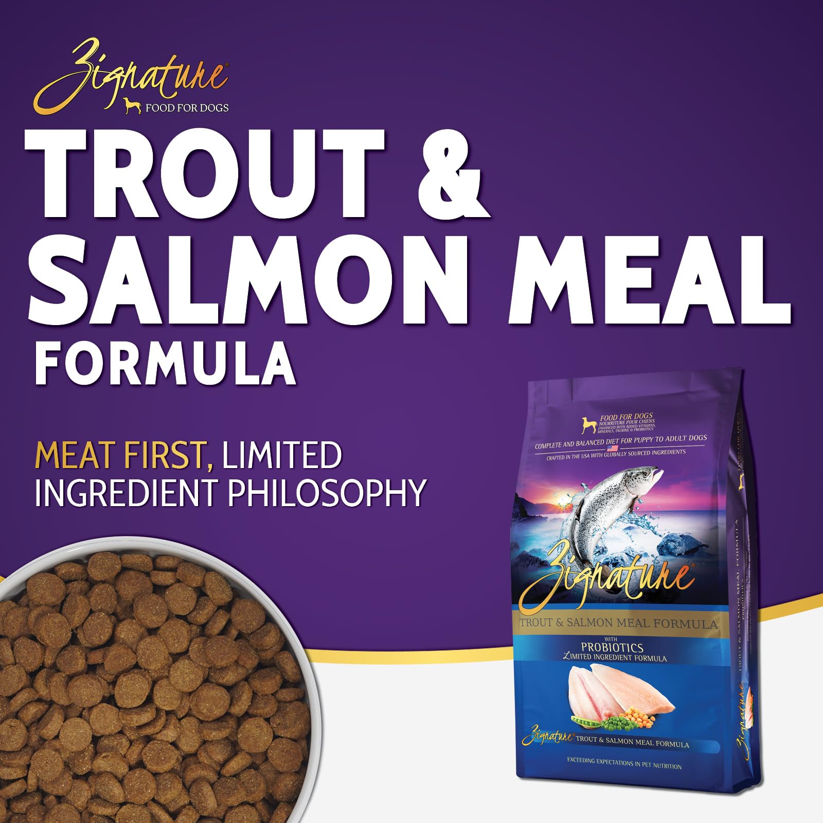Zignature Trucha y Salmón, etiqueta de ingredientes clave, opción de dieta con ingredientes limitados
