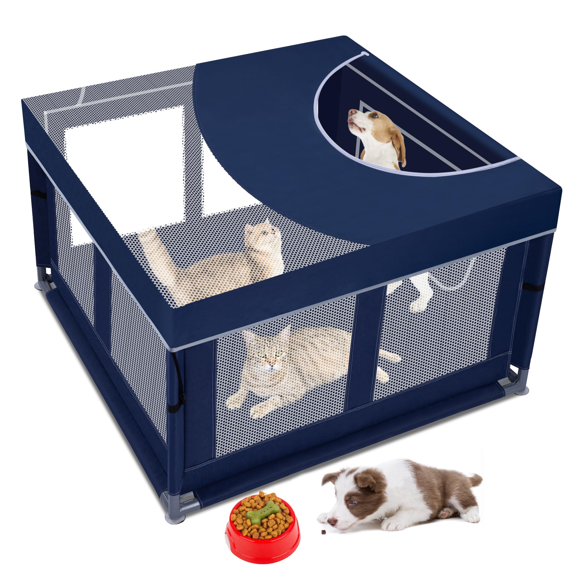 Zikopomi corral-juego para perros y gatos con tapa transparente para supervisión fácil.