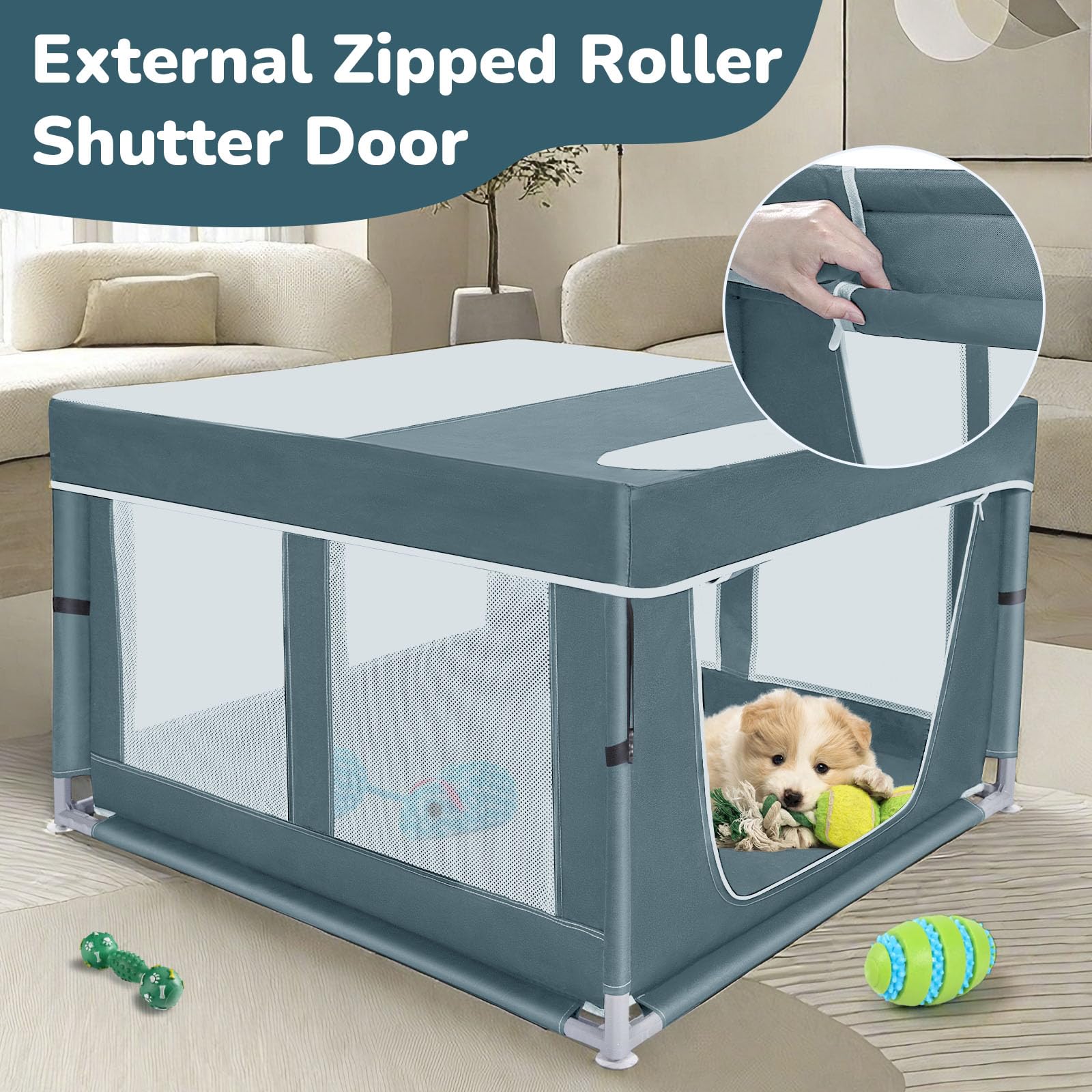 Puerta con cremallera y Velcro, acceso cómodo para mascotas.