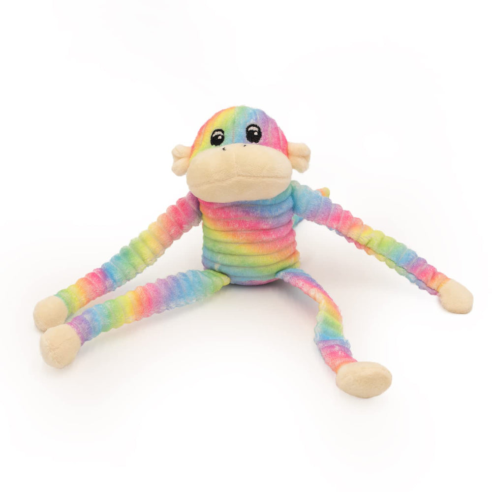 Juguete ZippyPaws mono crujiente con sonajero redondo para juego.