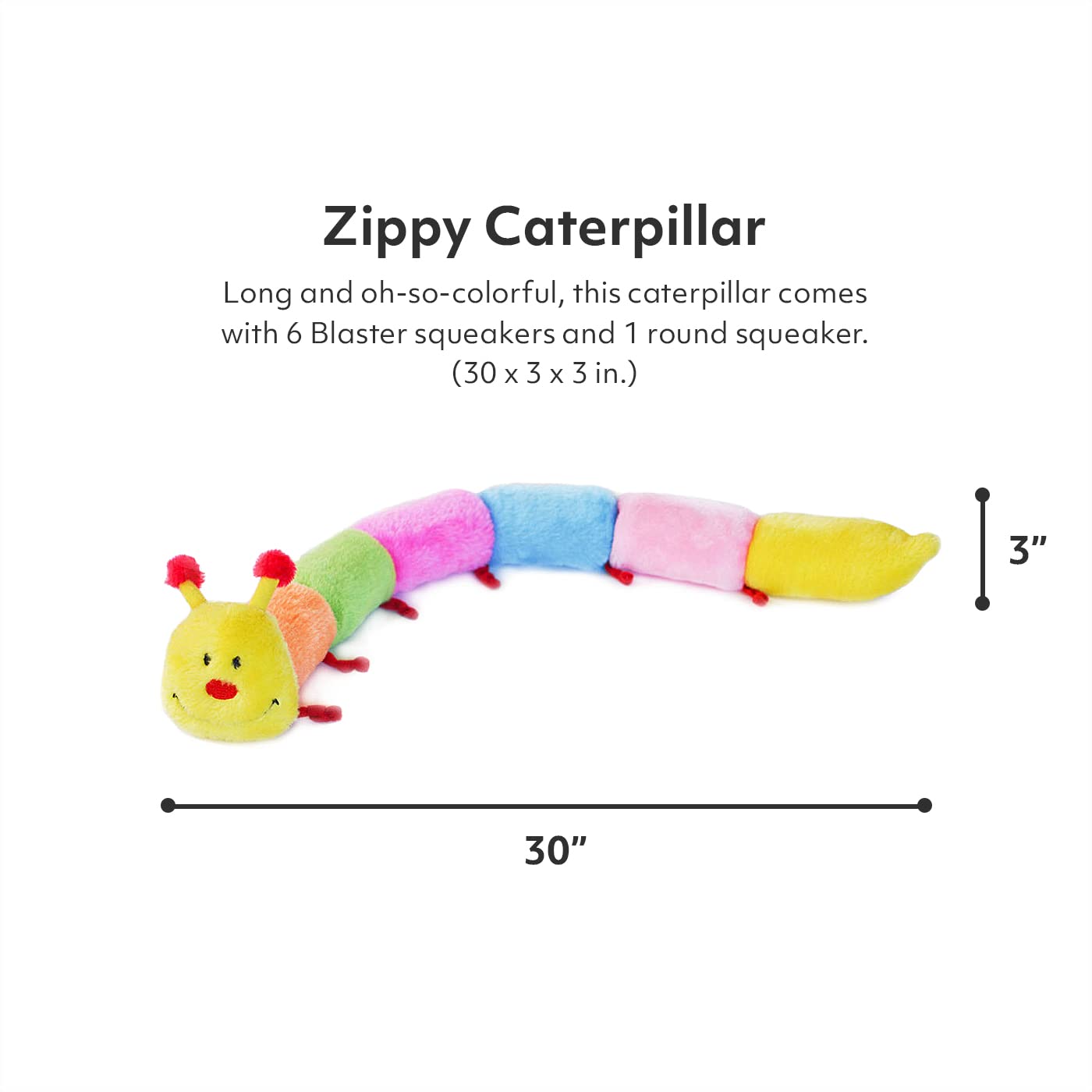 ZippyPaws Deluxe Caterpillar, diseño multicolor para estimulación visual y táctil.
