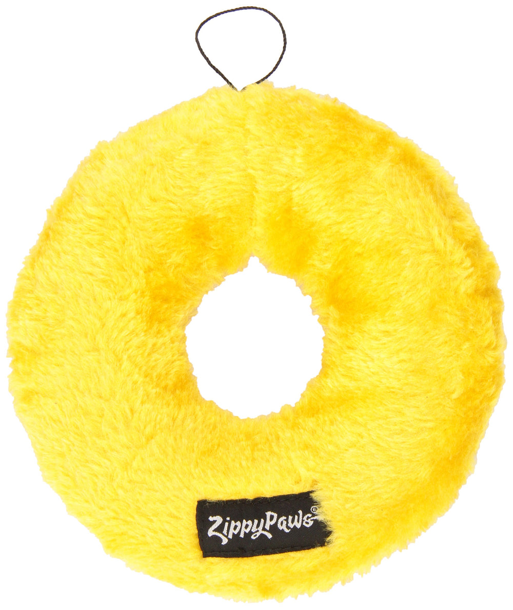 ZippyPaws Donutz donut con dos sonajeros en media luna para estimulación sonora.